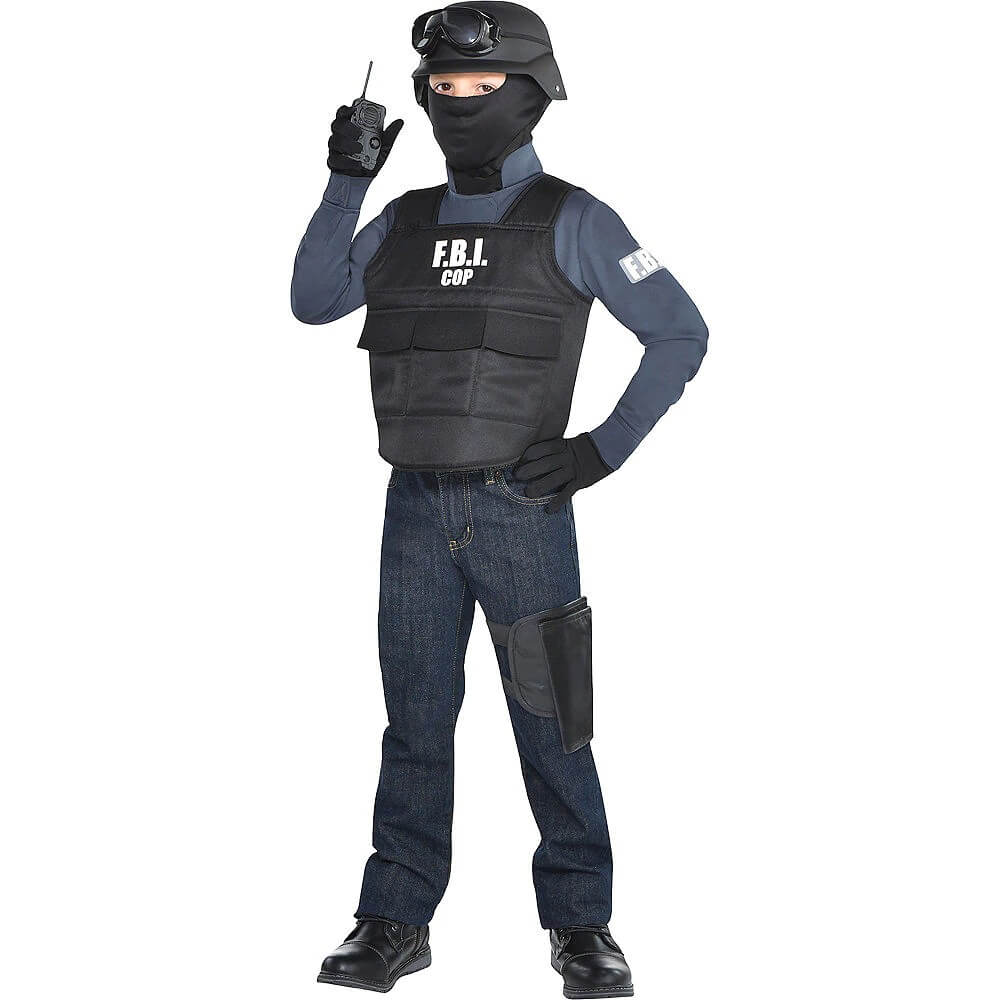 Police Costume For Kids FBI Cop Outfit Bulletproof Vest Helmet Goggles Mask and Interphone 5pcs Suit for Halloween Cosplay