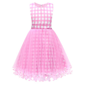 Girls Pink Dress Plaid Lace Ball Gown Party Costume with Accessories for Age 2T-8