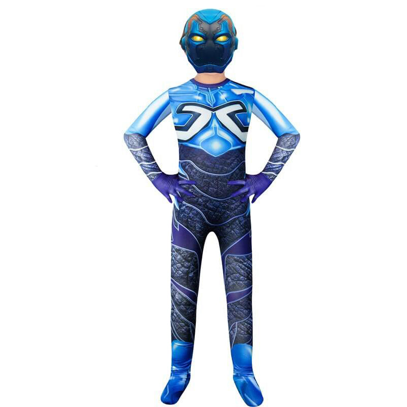 Kids Blue Beetle Costume Super Hero Outfit Jaime Reyes Jumpsuit Mask 2pcs Set