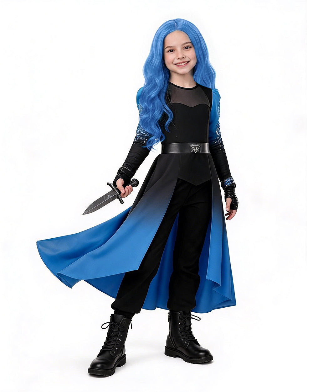 Princess Chloe Costume Blue Gradient Long Sleeve Cape Top Pants Belt and Gloves for Girls Women Dress-up Party