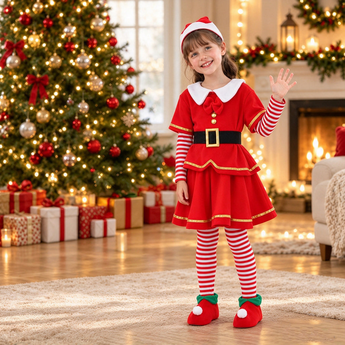 Kids Santa Claus Costumes 5pcs Red Christmas Cosplay Outfit Boys Girls Holiday Suit