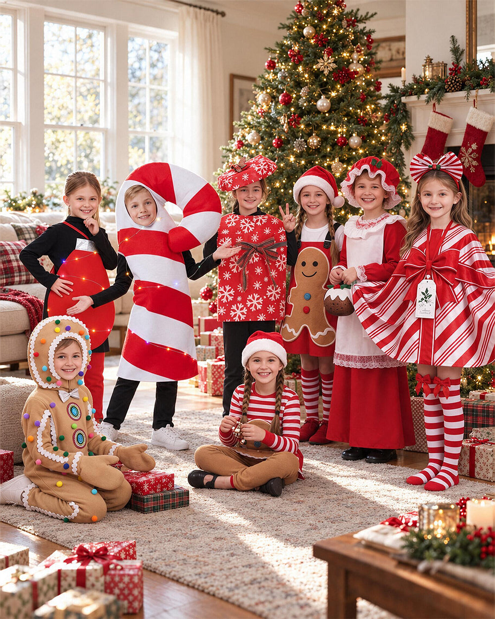 Kids Christmas Costumes Funny Candy Cane Gingerbread and Holiday Gift Box Dress-Up Outfits for Boys Girls School Stage Performance