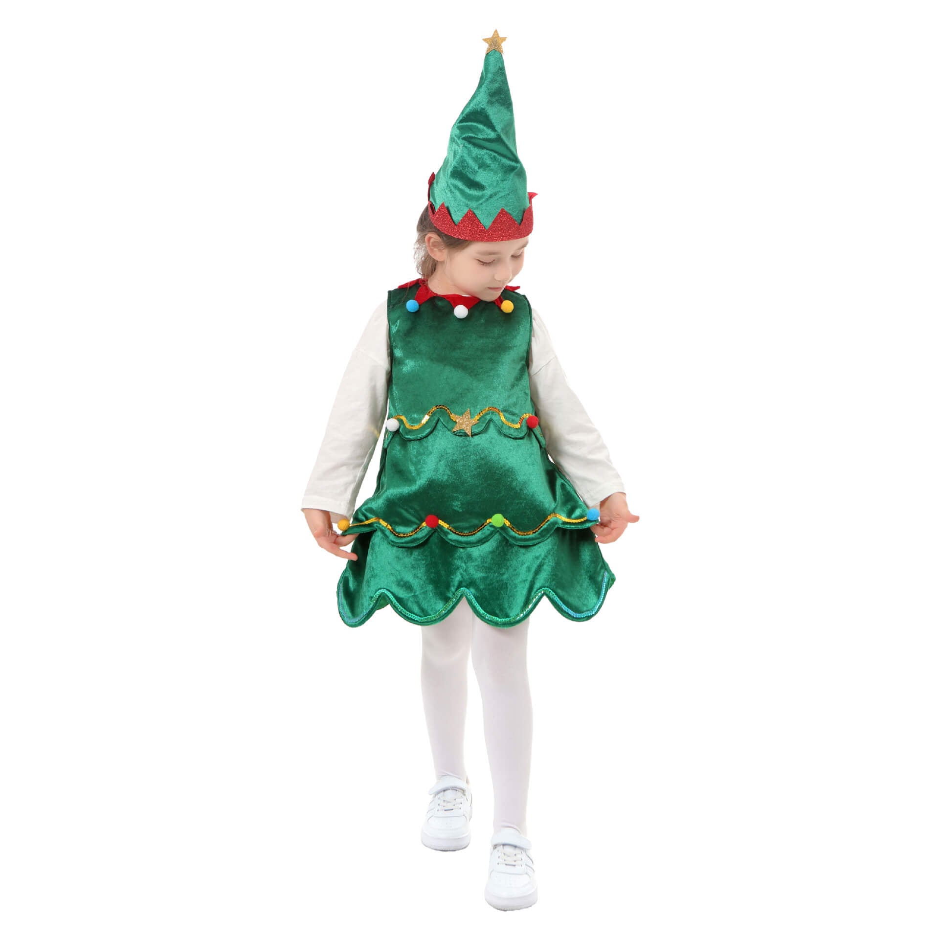 Kids Christmas Tree Costume Green Xmas Dress Hat and White Pantyhose for Girls