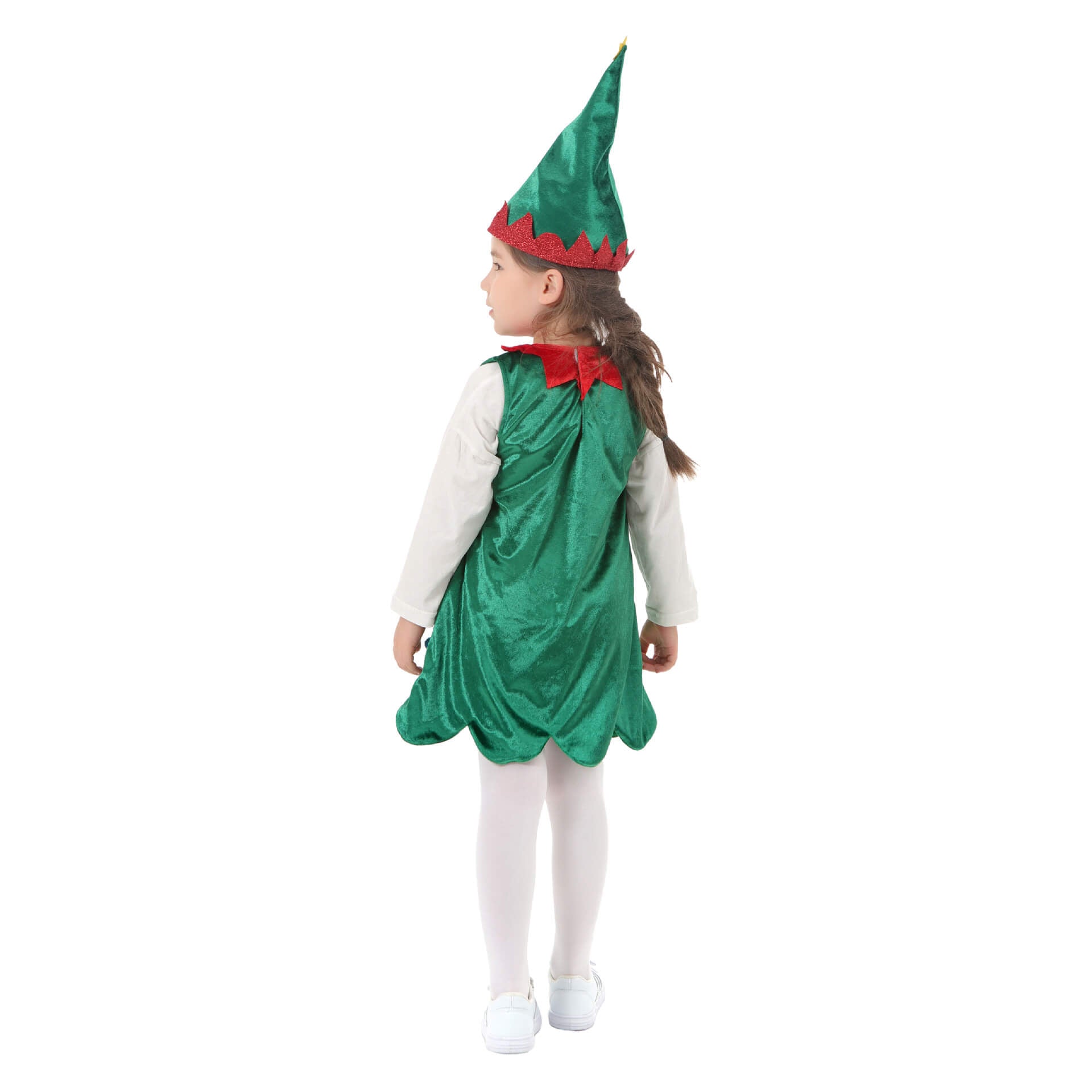 Kids Christmas Tree Costume Green Xmas Dress Hat and White Pantyhose for Girls