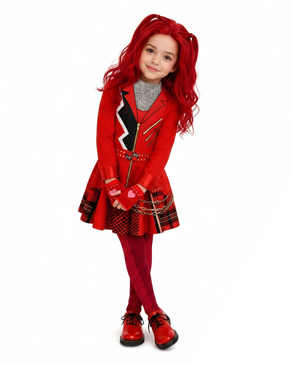 Girls Red Princess Costume 2-in-1 Outfit with Gloves 2pcs Suit for Cosplay Events 4-12Y