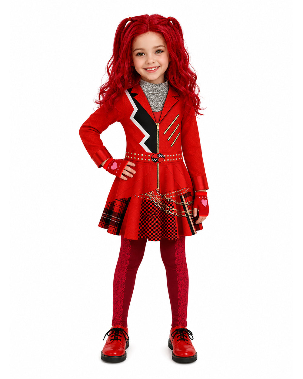 Girls Red Princess Costume 2-in-1 Outfit with Gloves 2pcs Suit for Cosplay Events 4-12Y