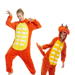 Family Matching Dinosaur Costume Triceratops Hooded Outfit Furry Dinosaur Onesie for Adults Kids