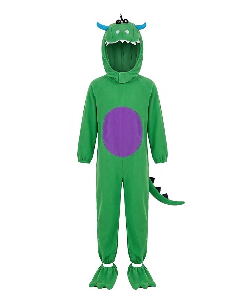 Kids Dinosaur Costume Unisex Green Fleece Jumpsuit with Foot Covers Dino Egg and Helmet for Dress Up Party