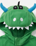 Kids Dinosaur Costume Unisex Green Fleece Jumpsuit with Foot Covers Dino Egg and Helmet for Dress Up Party