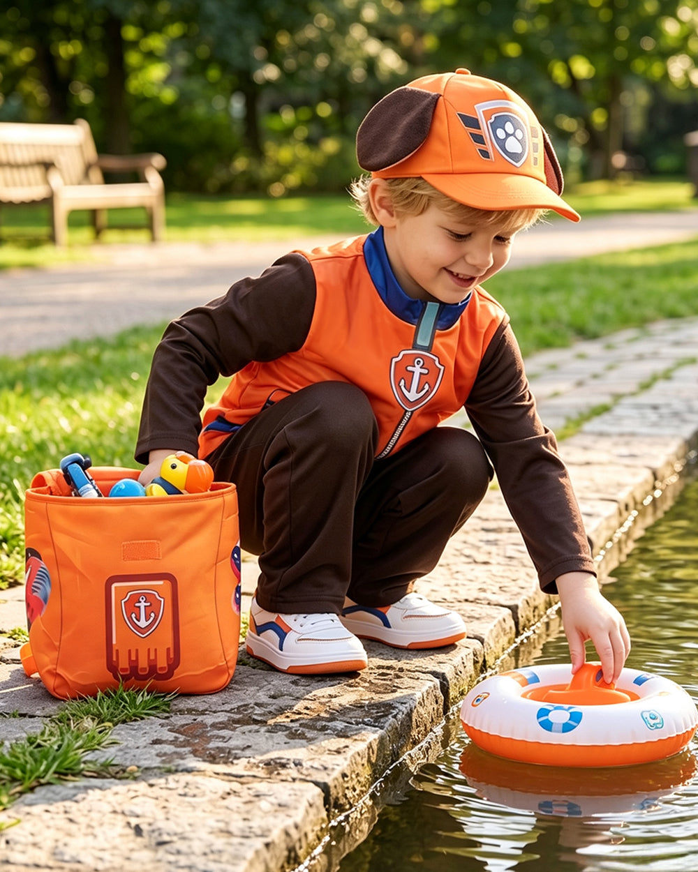 Kids Water Rescue Puppy Costume Orange Tops Pants Hat and Backpack 4pcs Set for Birthday Party