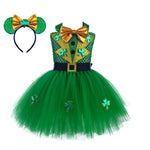 Grils St Patricks Day Costume Tulle Green Ball Gown Dress with Headband 2pcs Suit for Leprechaun