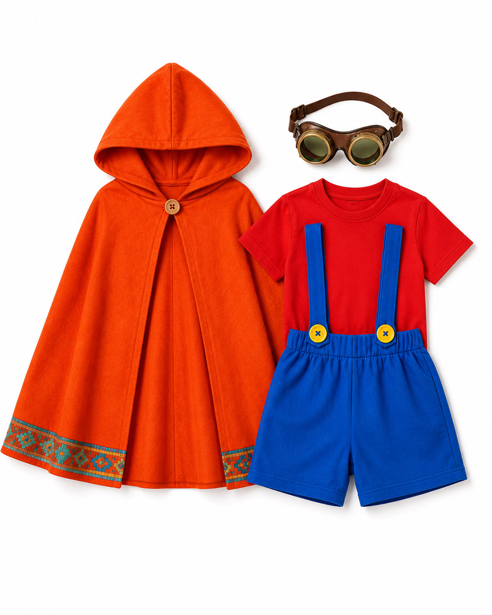 Boys Super Bro Costume Red-blue Shirt Overall Shorts Cape and Goggles 4pcs Set for Cosplay Carnival