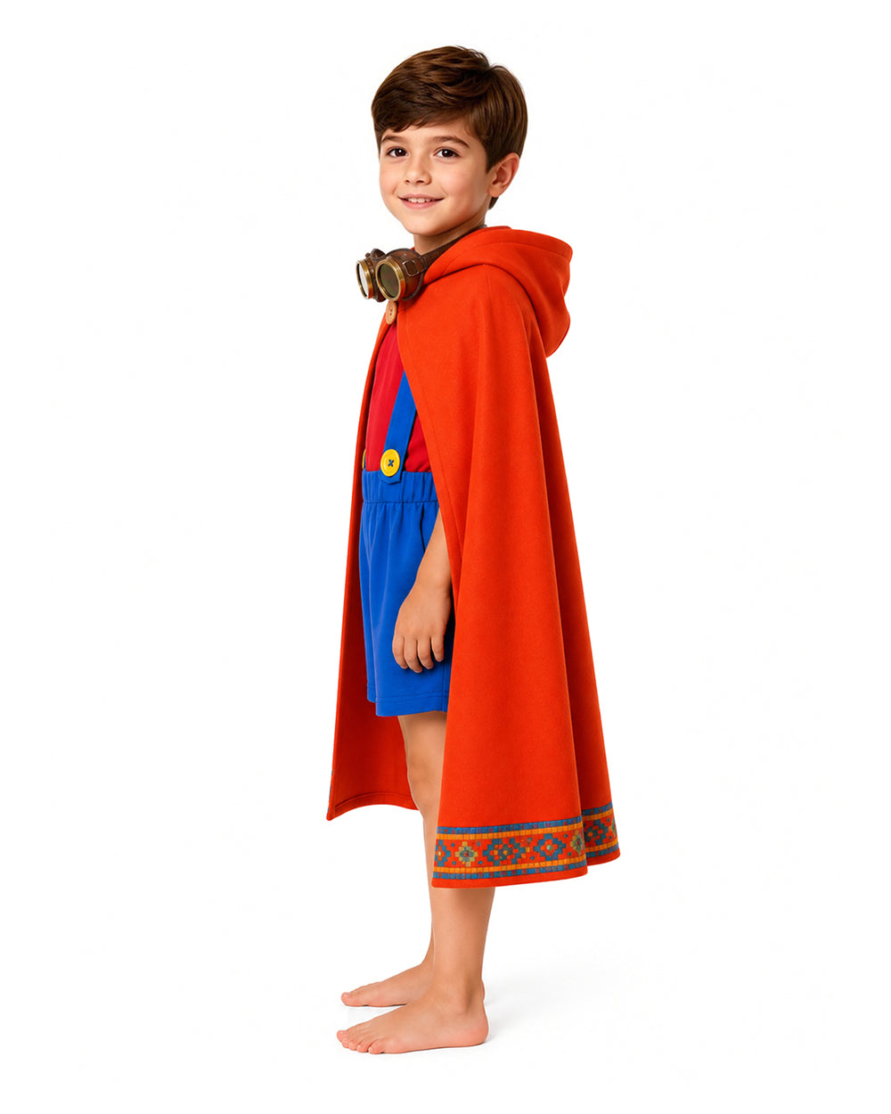 Boys Super Bro Costume Red-blue Shirt Overall Shorts Cape and Goggles 4pcs Set for Cosplay Carnival