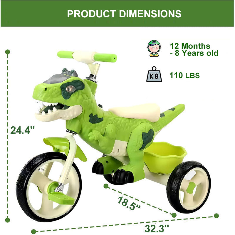 Kids Dino Tricycle Adjustable Ride-on Dinosaur Toy with Basket Music and Lights