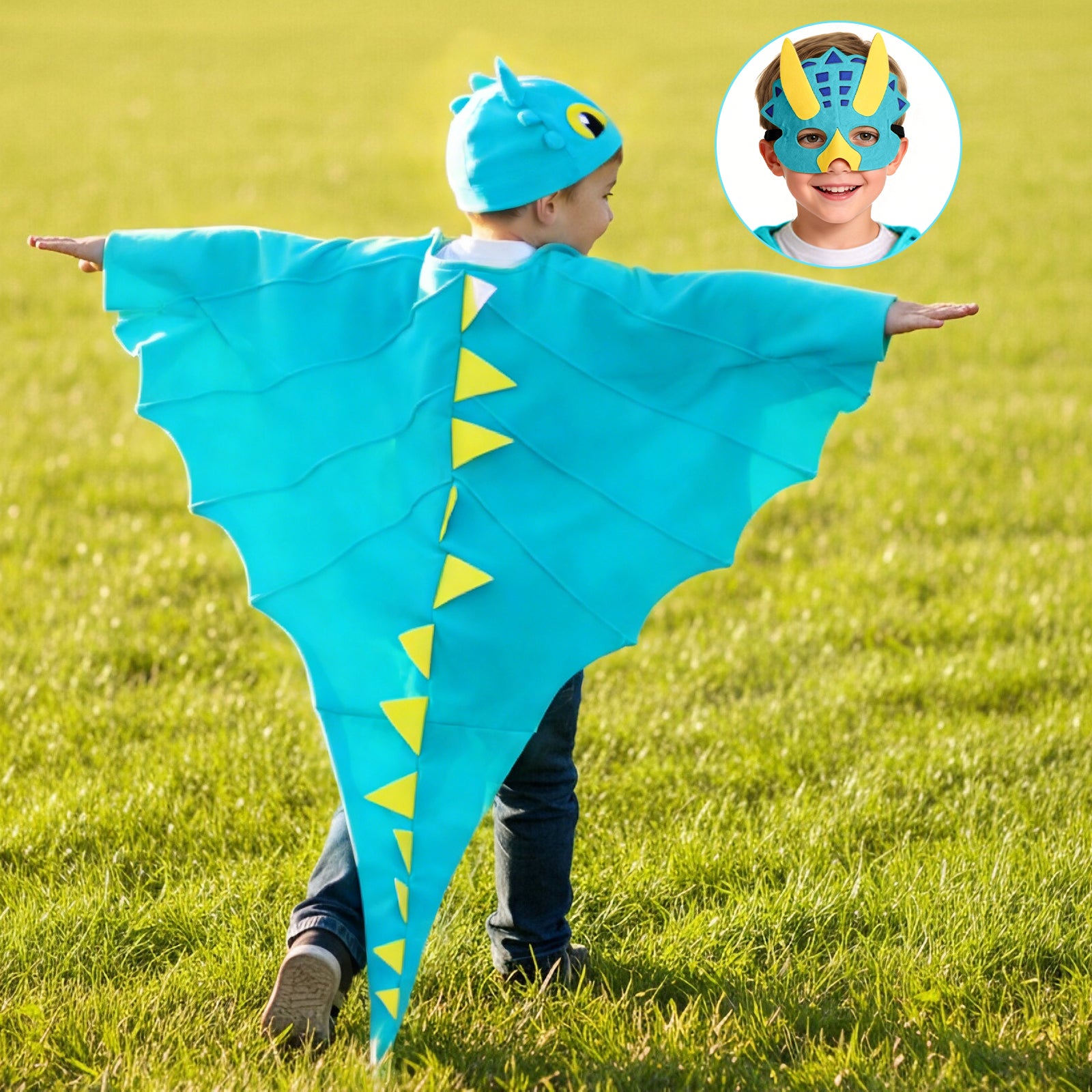 Kids Dragon Costume 3PCS Cloak Hat and Mask Dinosaur Cosplay Costume