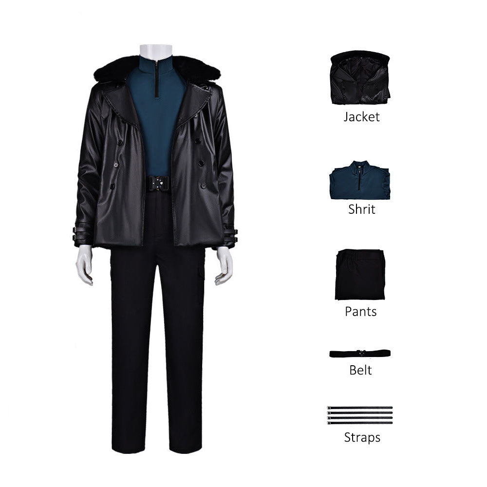 Survival Horror Agent Tactical Outfit Black Leather Coat with Fur Collar Blue Inner Shirt and Pants for Cosplay
