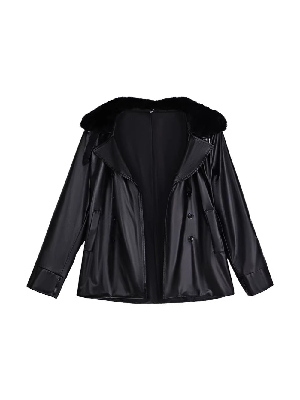 Survival Horror Agent Tactical Outfit Black Leather Coat with Fur Collar Blue Inner Shirt and Pants for Cosplay