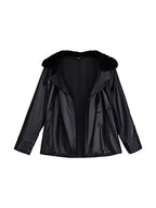 Survival Horror Agent Tactical Outfit Black Leather Coat with Fur Collar Blue Inner Shirt and Pants for Cosplay
