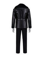 Survival Horror Agent Tactical Outfit Black Leather Coat with Fur Collar Blue Inner Shirt and Pants for Cosplay