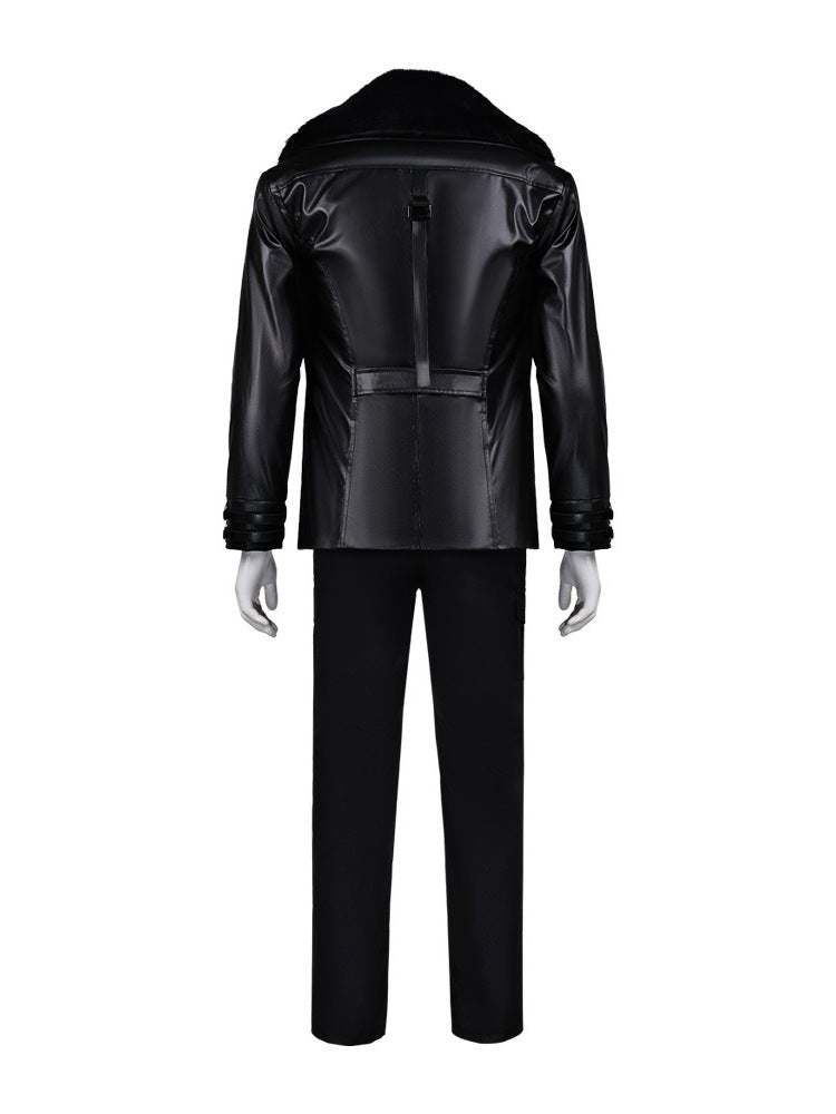 Survival Horror Agent Tactical Outfit Black Leather Coat with Fur Collar Blue Inner Shirt and Pants for Cosplay