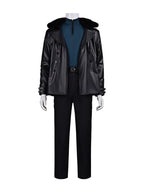 Survival Horror Agent Tactical Outfit Black Leather Coat with Fur Collar Blue Inner Shirt and Pants for Cosplay