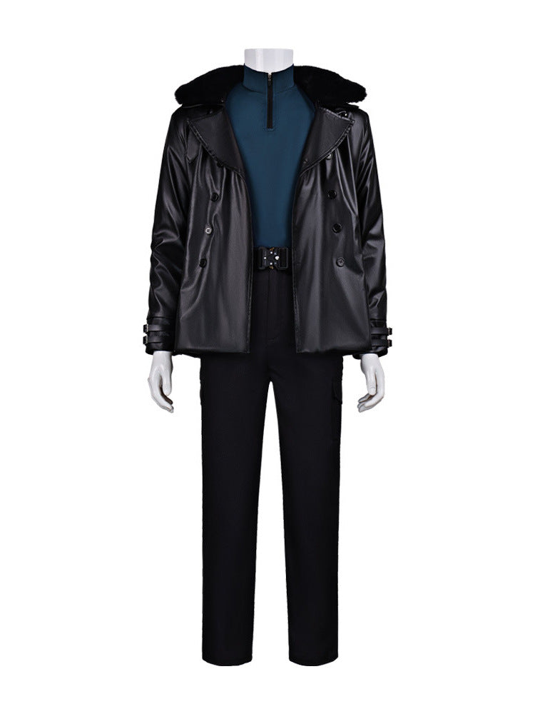 Survival Horror Agent Tactical Outfit Black Leather Coat with Fur Collar Blue Inner Shirt and Pants for Cosplay