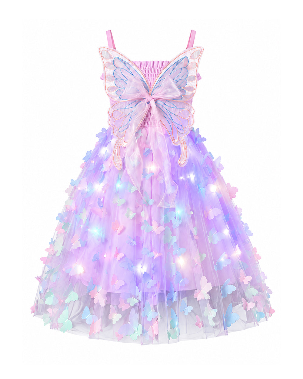 Girls Light Up Dress Sparkly Fairy Butterfly Tulle Dress with 3D Wing and Lights for Halloween Carnival Birthday Parties