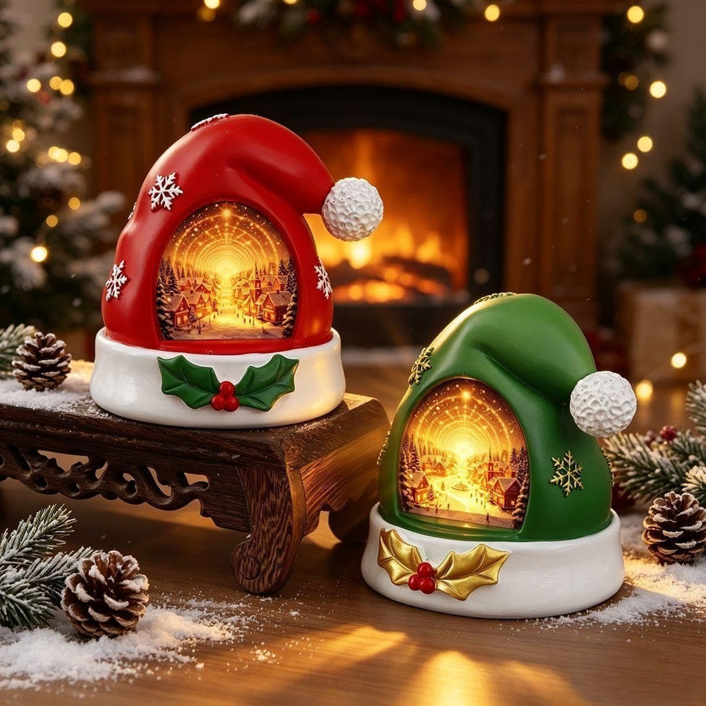 Lighted Christmas Tabletop Decor 2pcs Resin Santa Hat Snow Village Figurine with LED Light Indoor Holiday Ornament