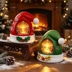 Lighted Christmas Tabletop Decor 2pcs Resin Santa Hat Snow Village Figurine with LED Light Indoor Holiday Ornament