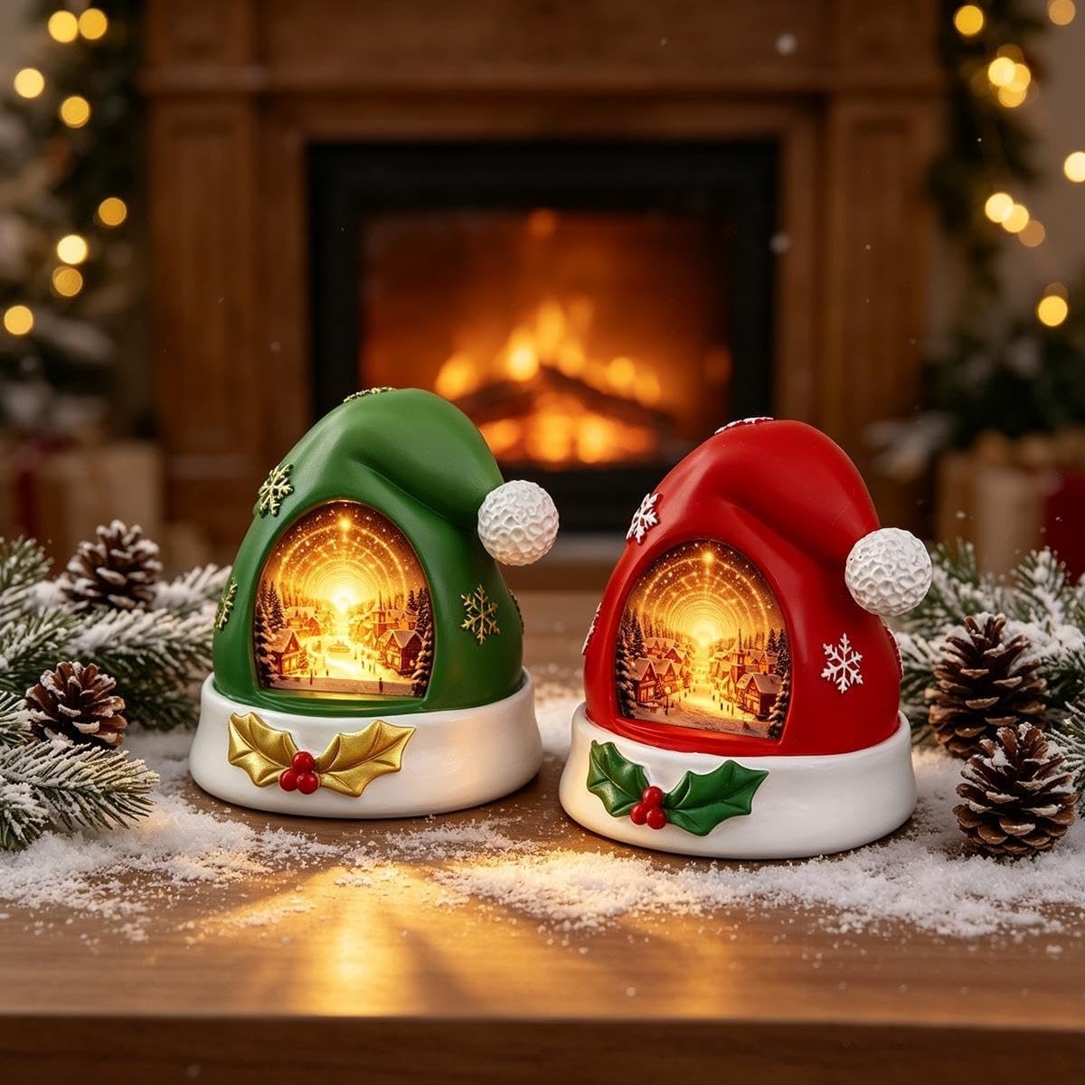 Lighted Christmas Tabletop Decor 2pcs Resin Santa Hat Snow Village Figurine with LED Light Indoor Holiday Ornament
