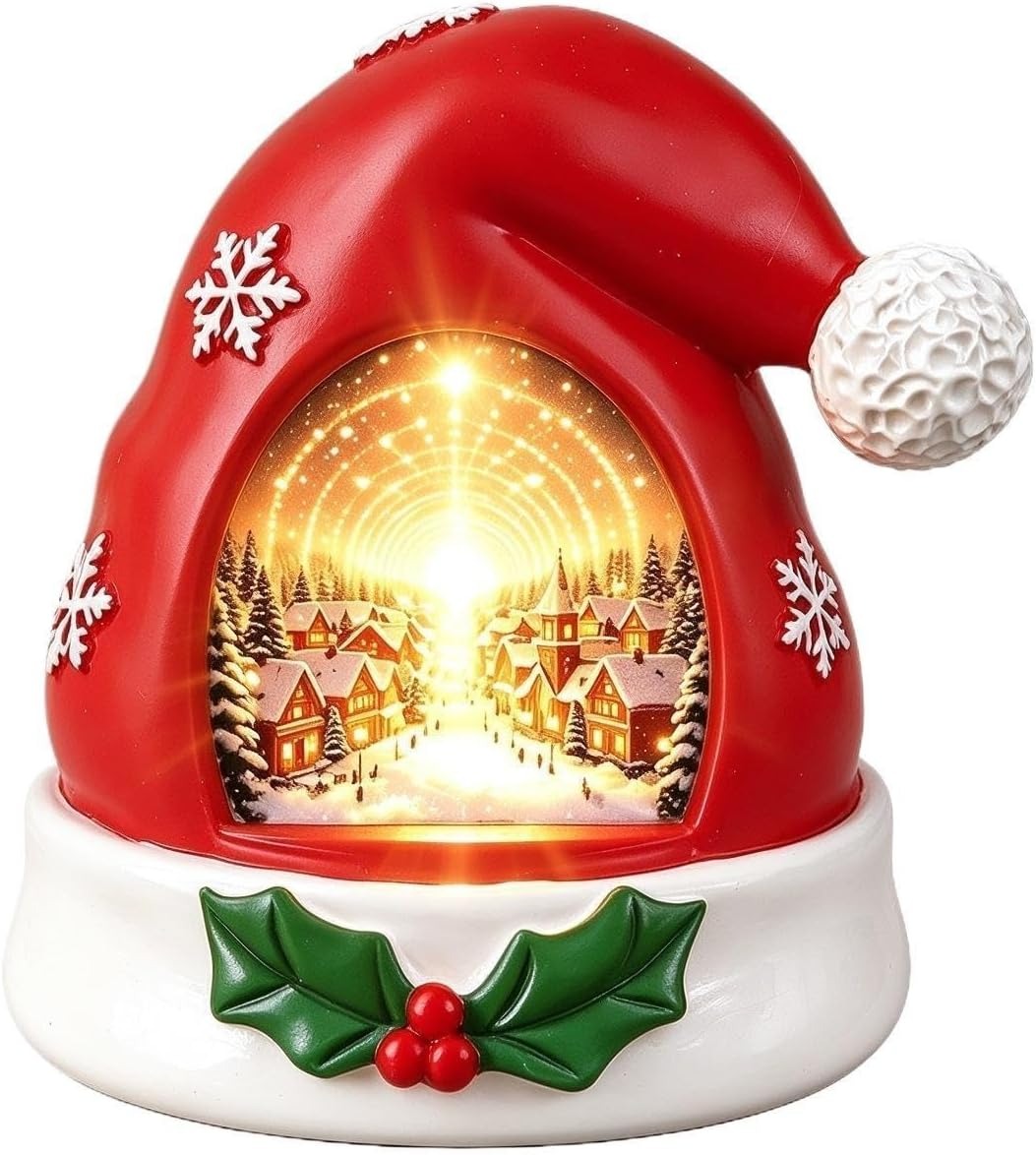 Lighted Christmas Tabletop Decor 2pcs Resin Santa Hat Snow Village Figurine with LED Light Indoor Holiday Ornament