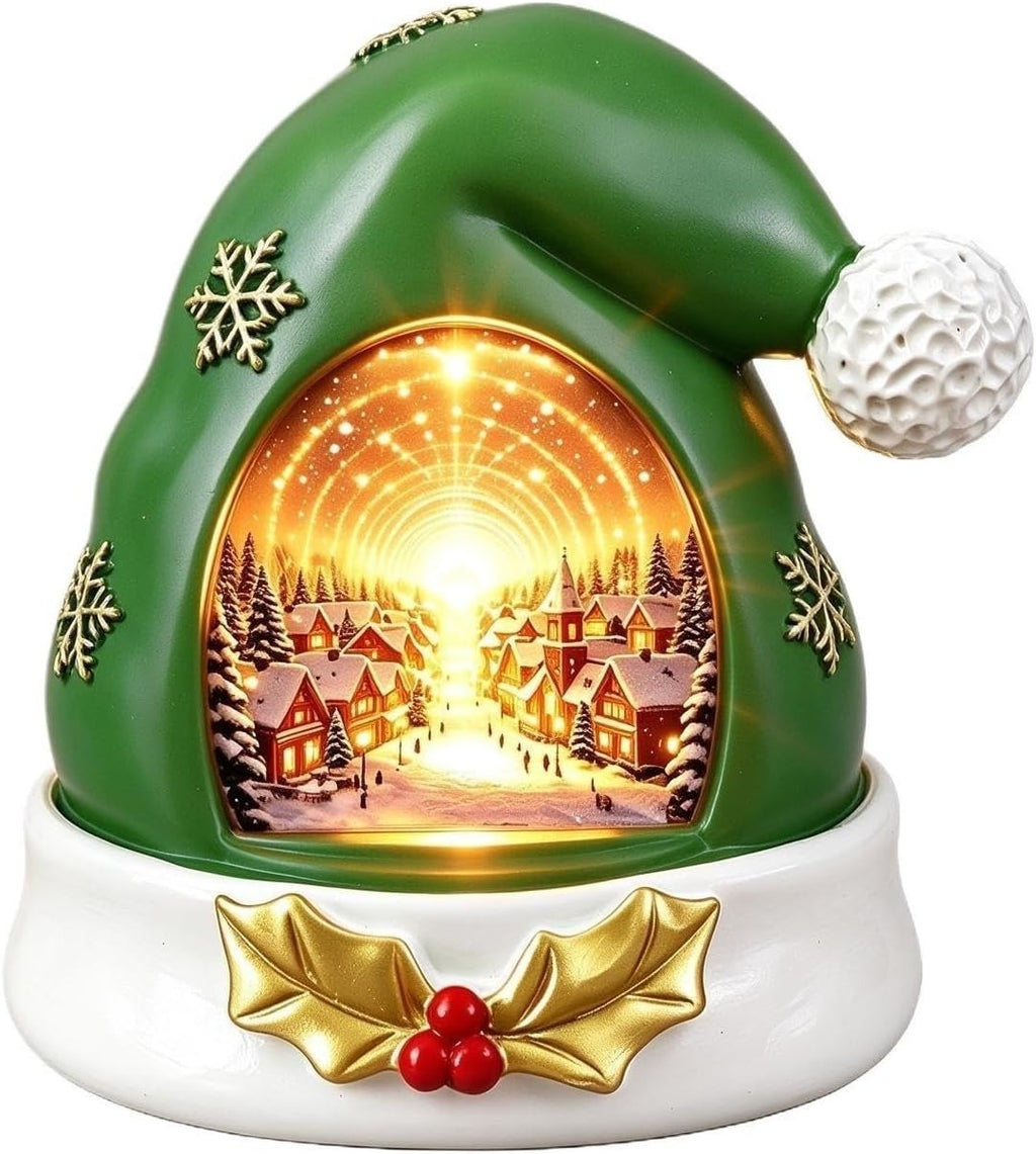 Lighted Christmas Tabletop Decor 2pcs Resin Santa Hat Snow Village Figurine with LED Light Indoor Holiday Ornament