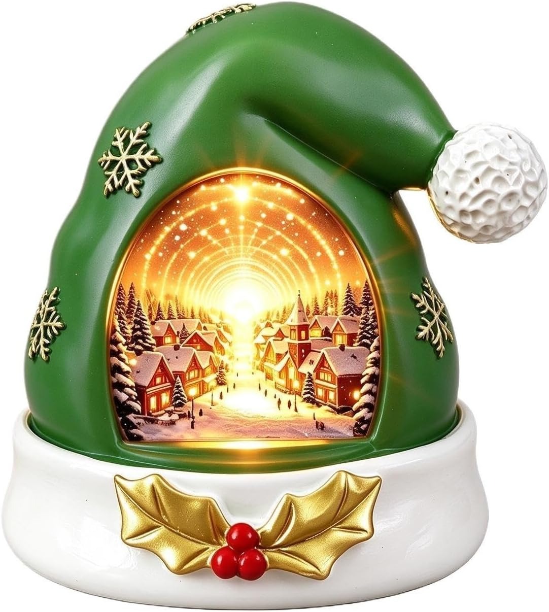 Lighted Christmas Tabletop Decor 2pcs Resin Santa Hat Snow Village Figurine with LED Light Indoor Holiday Ornament