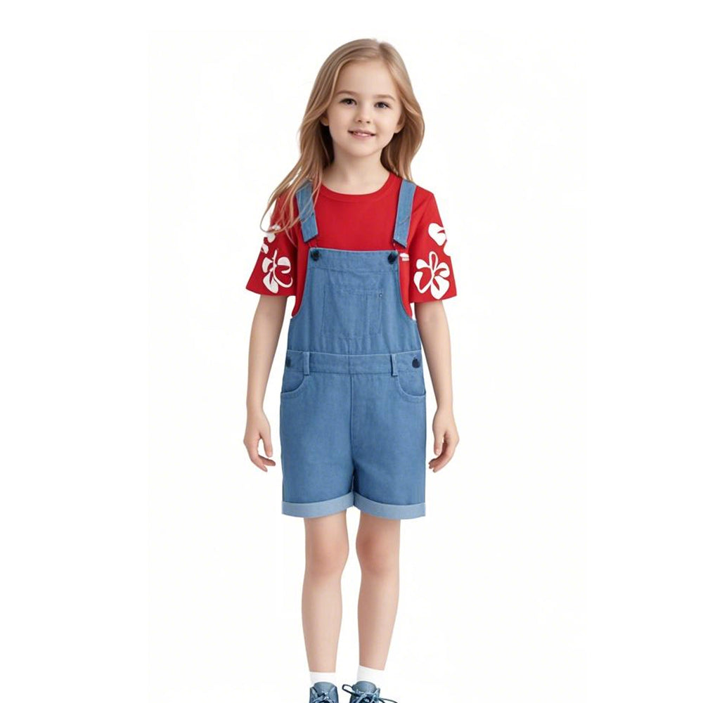Little Girl Pelekai Costume Red T-shirt and Blue Overalls Hawaiian Weired Girl Casual Set