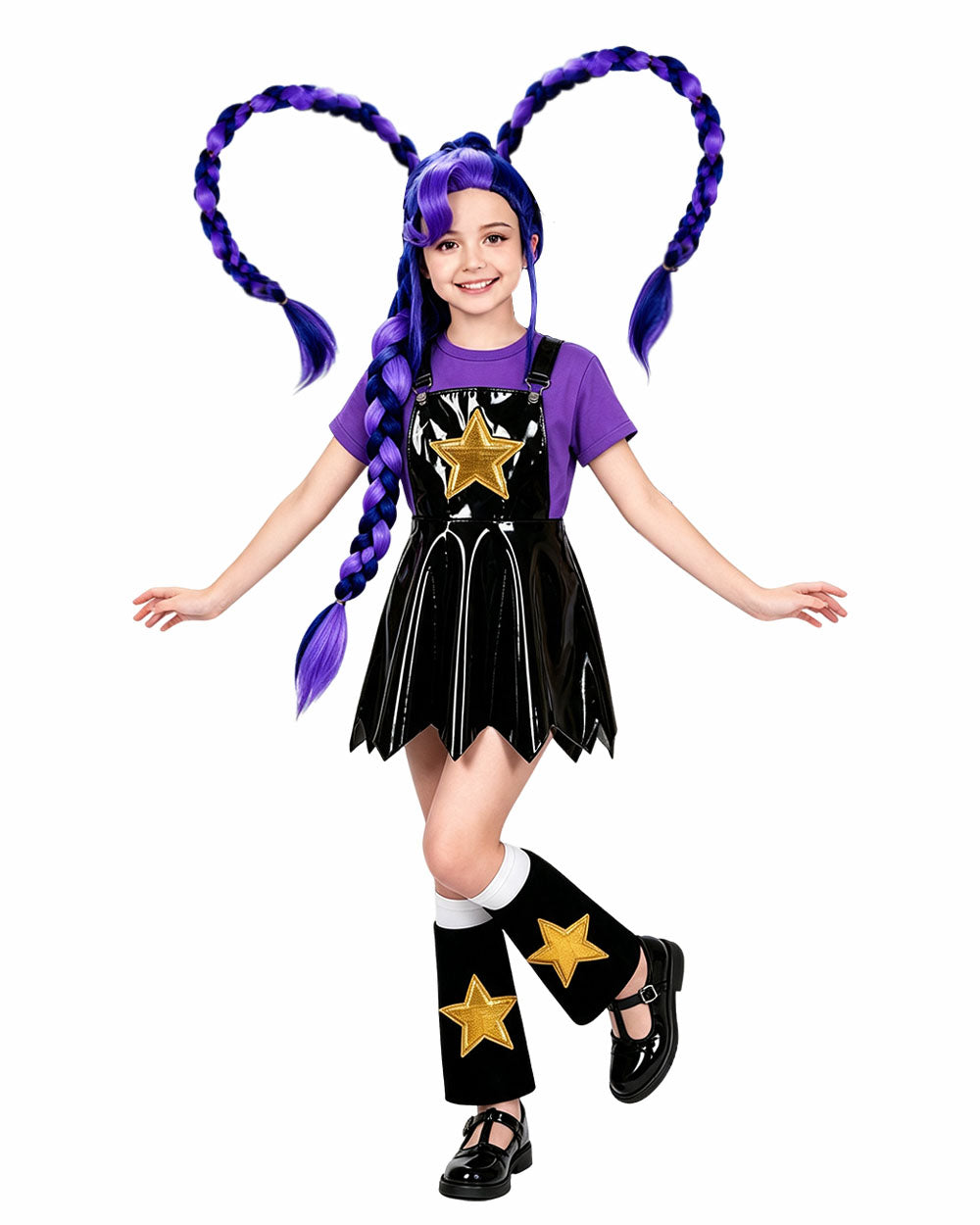 Girls Chapter 5 Lily Costume Horror Game 4-Piece Purple PU Leather Dress Shirt Leg Sleeves and Wig for Cosplay