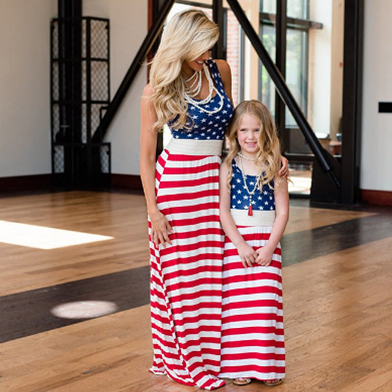 Mommy and Me 4th of July Dress Sleeveless American Flag Striped Outfit for Mom Daughter