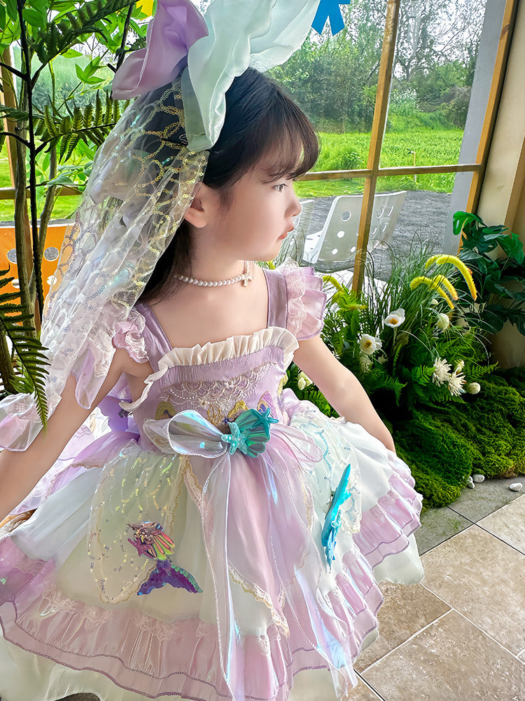 Kids Princess Mermaid Dress Multi Layer Lace Ball Gown Dress with