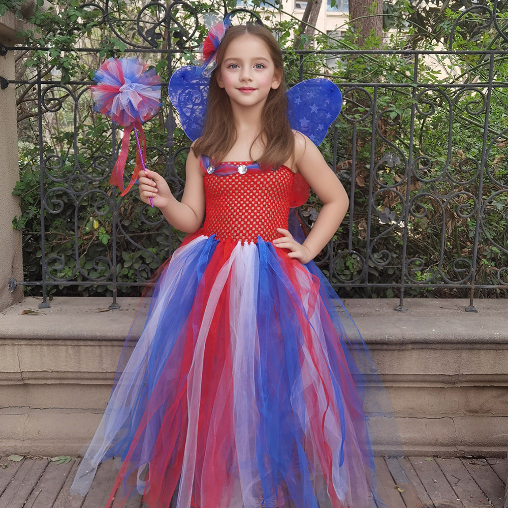 Girls July 4th Outfit Ball Gown Dress with Wing Fairy Wand Headband Full Set for Carnival