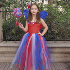 Girls July 4th Outfit Ball Gown Dress with Wing Fairy Wand Headband Full Set for Carnival