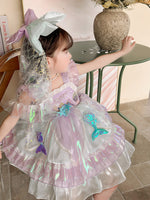 Kids Princess Mermaid Dress Multi Layer Lace Ball Gown Dress with Tulle Bow Veil