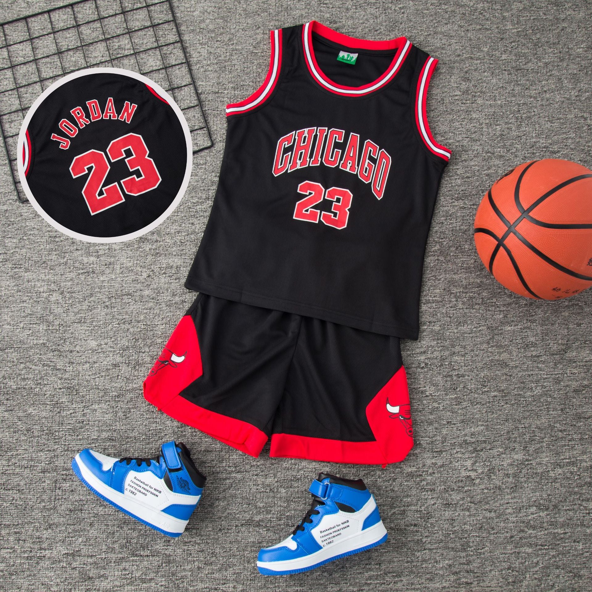 Kids Chicago Basketball Jersey Bull #23 Black Sleeveless T-shirt and Shorts 2pcs Suit
