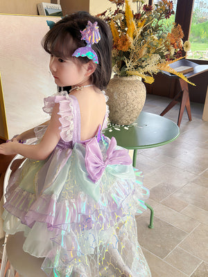 Kids Princess Mermaid Dress Multi Layer Lace Ball Gown Dress with Tulle Bow Veil