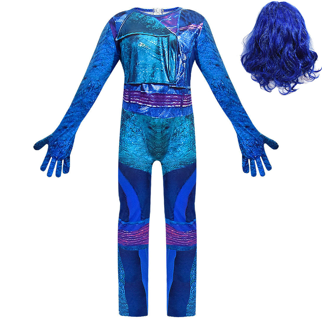 Adult Mal Costume Blue Jumpsuit and Wig for Halloween Carnival Lady Cosplay Outfit