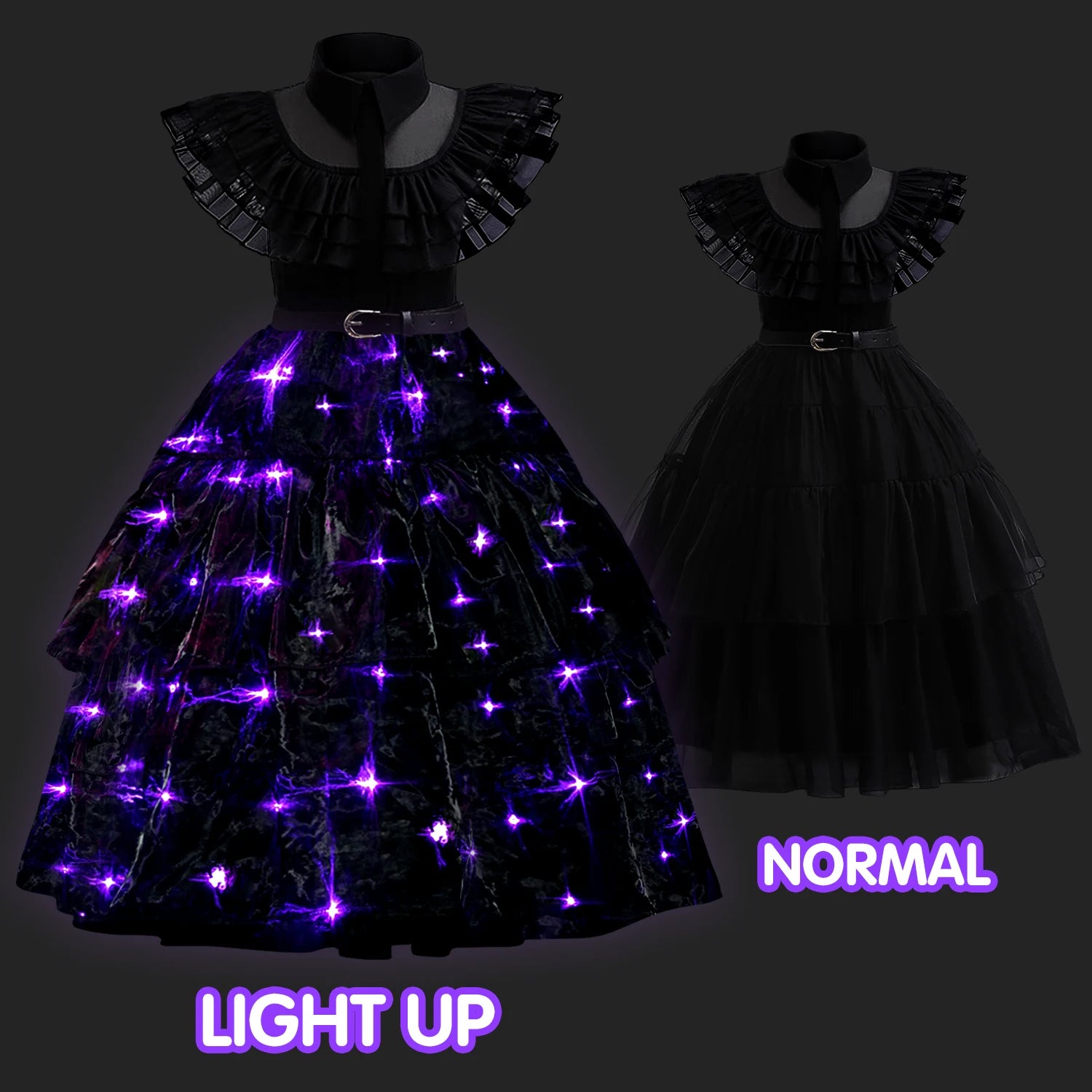 Girls Wednesday Light Up Dress Glowing Black Halloween Party Costume LED Dress Up Outfit