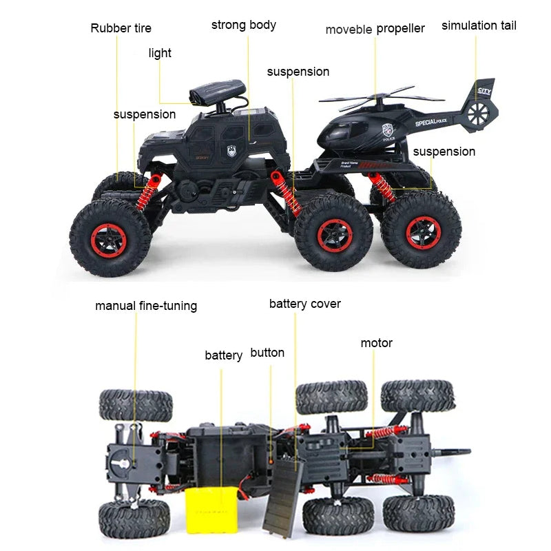 Six-wheel RC Off-road Truck 1/14 Electric Climbing Vehicle With Removable Helicopter For Kids