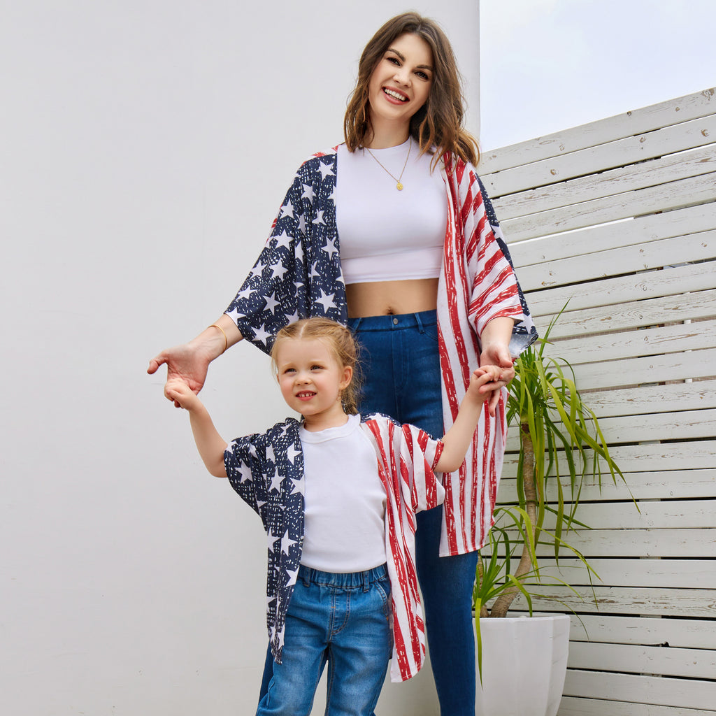 Kids Adults American Flag Outfit Mommy and Me July 4th Costume Kimono Tops for Carnival