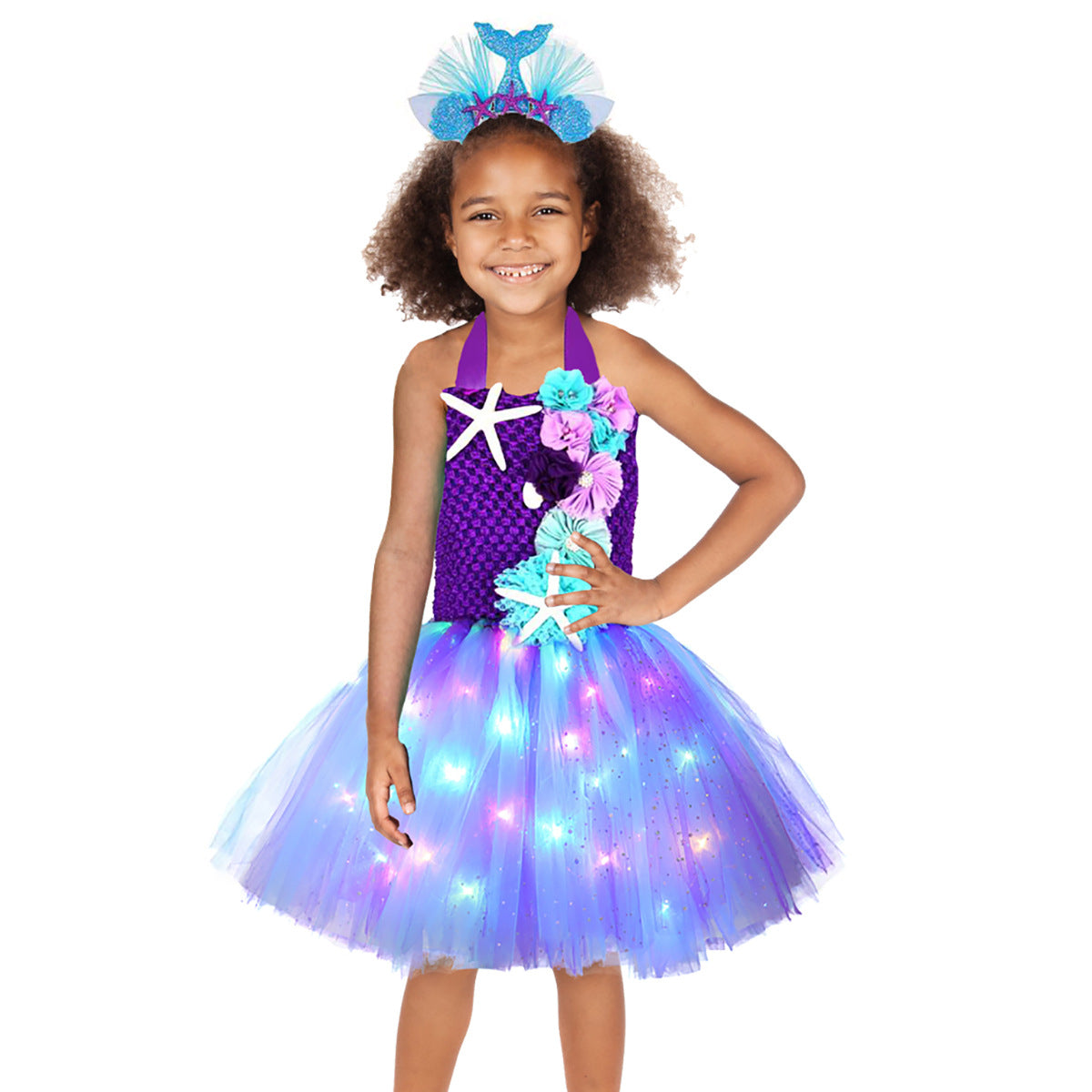 Light Up Princess Dress Mermaid Tutu Dress Glowing Birthday Dress with Headband