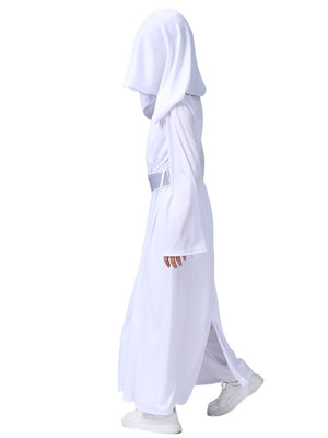 Girls Leia Costume Princess Hooded White Dress with Belt for Halloween Carnival