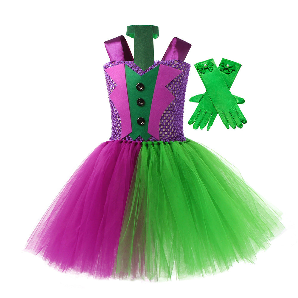Girls Horror Clown Costume Crazy Joker Outfit Scary Purple Tutu Dress and Gloves for Dress Up Party