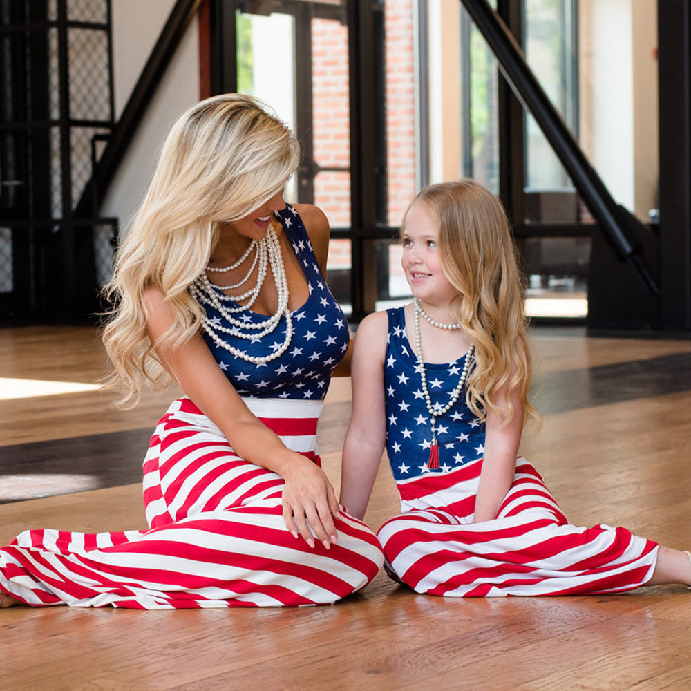 Mommy and Me 4th of July Dress Sleeveless American Flag Striped Outfit for Mom Daughter